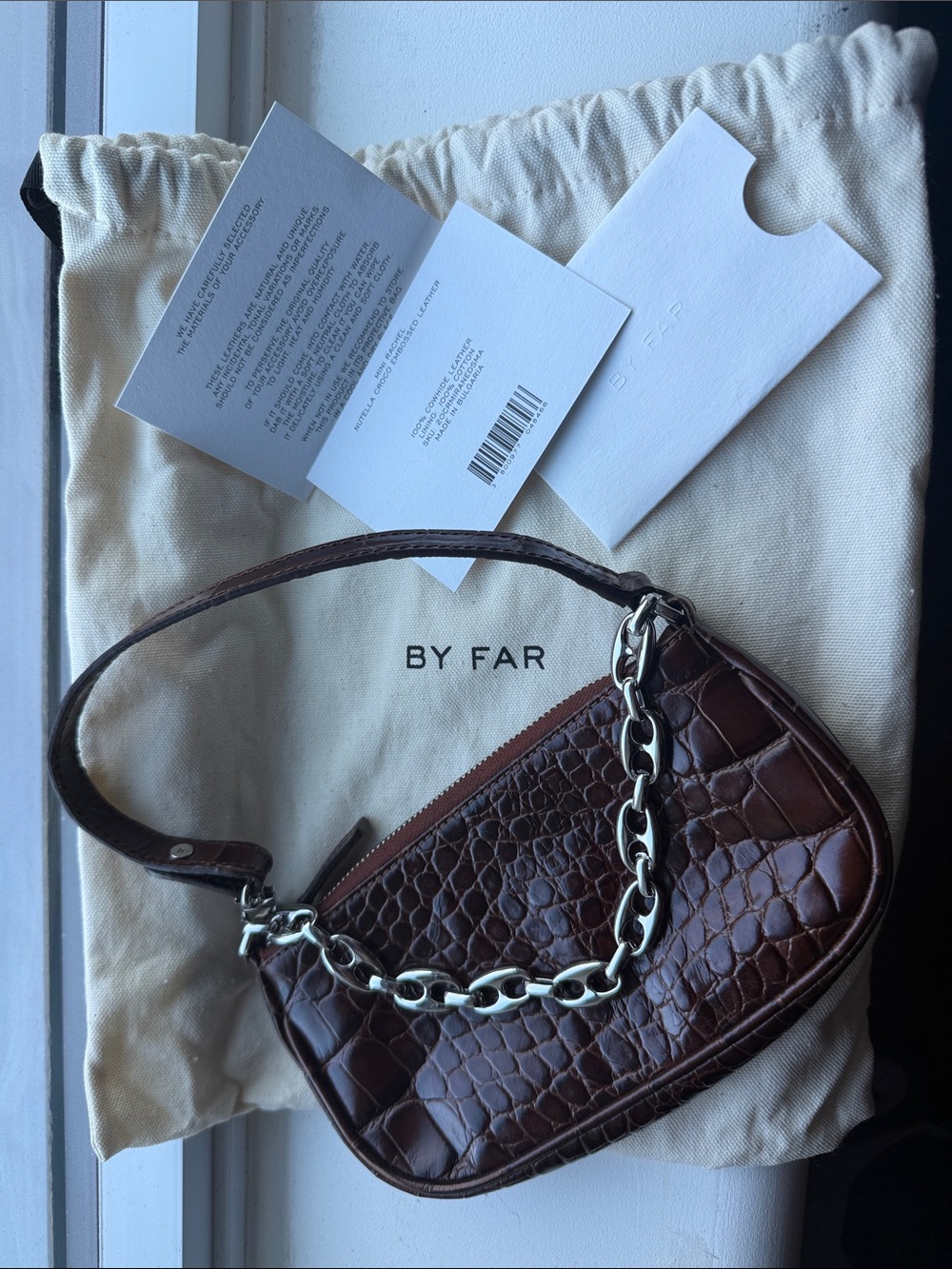 Authentic BY FAR Croc-Embossed Dark Brown Chain Handle mini Rachel Bag